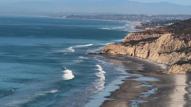 Pacific Ocean Waves Breaking on Sandy Beach of California USA, Torrey Pines State Natural Reserve, Lookout POV