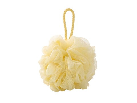 Yellow bath mesh puff for body scrub and shower wash