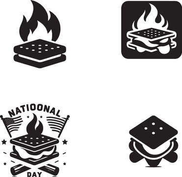 Graphic icons featuring roasted marshmallow s'mores snacks with flames in clean black and white vector style