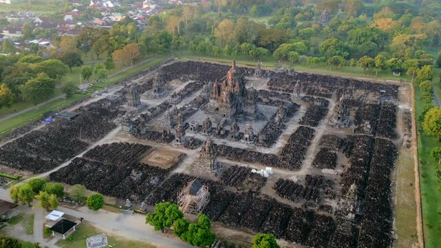 Aerial view of Prambanan Temple complex near Yogyakarta, Indonesia, revealing the ancient Hindu sanctuary, archaeological site and surrounding green landscape.