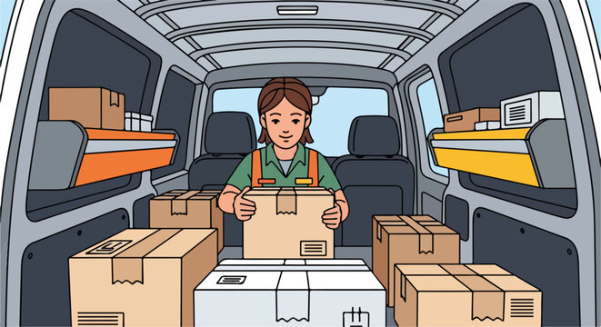 Delivery person loading boxes into cargo van with organized shelves