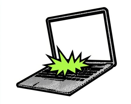 A laptop computer with a green comic book style explosion graphic on the keyboard, isolated on white background