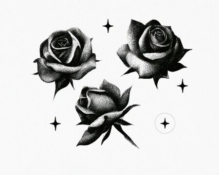 Three elegant black roses with stippling shading and sparkling stars, dotwork tattoo style illustration