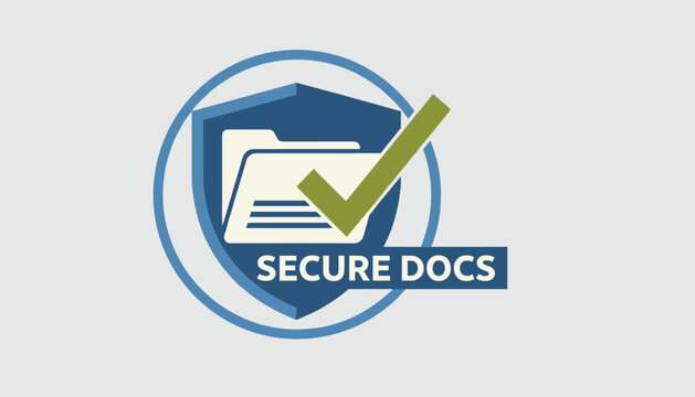 Security badge featuring a blue shield icon enclosing a document folder and a green check mark for secure documents.