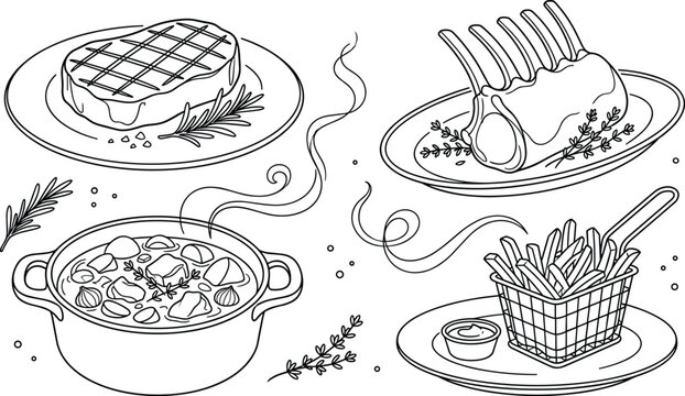Gourmet Meat Dinner and Side Dishes Outline Icon Set with Grilled Steak Roasted Rib Rack Hot Beef Stew and French Fries Basket Vector
