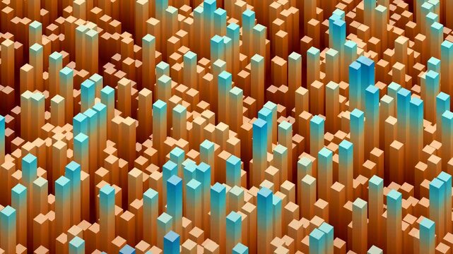 Vibrant data cityscape of colorful blocks, 3d bar charts, dynamic data processing and technological advancement, abstract digital loopable animation