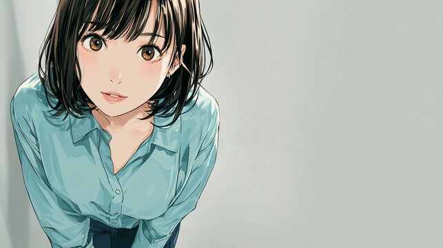 Young Japanese Businesswoman Leaning Forward with Copy Space Illustration