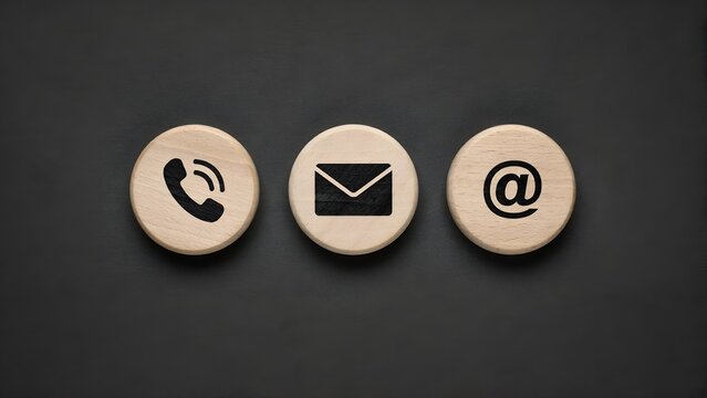 Three wooden circular icons featuring symbols for telephone, mail, and email, representing communication and contact methods