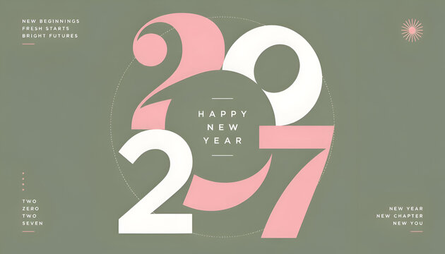 Happy new year 2027 retro typography design with large stylized numbers in pink and white on a muted green background modern typography minimalist design graphic illu