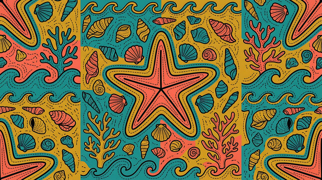 Panama applique starfish, seamless mola coastal textile