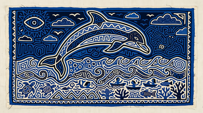 Panama applique dolphin, reverse mola textile art