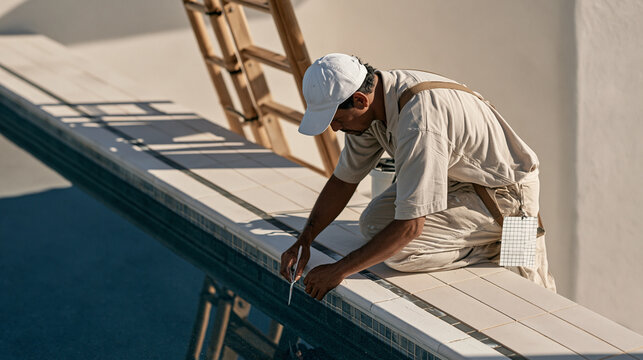 pool cleaner correcting an uneven tile grout line calmly, a ladder leaning against a sun bleached wall in harsh midday light, pixel grid reference sheet stuck to the filter