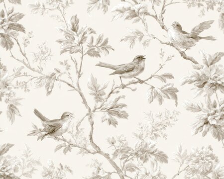 Vintage style wallpaper pattern with birds on branches and floral elements