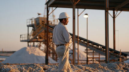 Fototapeta premium A salt harvester stands alone in golden hour light apologizing to a supervisor after an error in the evaporation pool measurements, a single work lamp casting artificial light