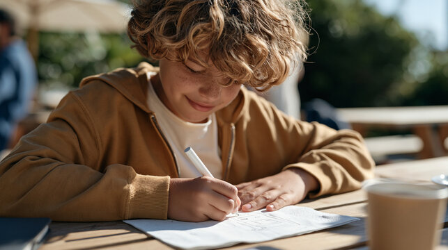 A child scouts leader sketches a door lock diagram on a paper napkin at an outdoor picnic table, a cup of cooling coffee nearby, the smart keypad installation concept visible in