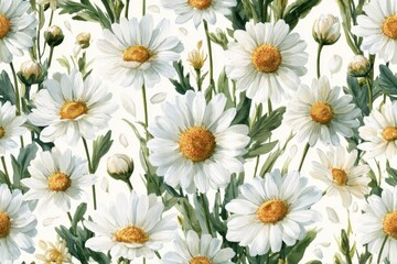Fototapeta premium Watercolor white daisy floral seamless pattern wallpaper background