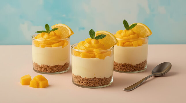 Mango dessert parfait in glass jar with mint and orange garnish