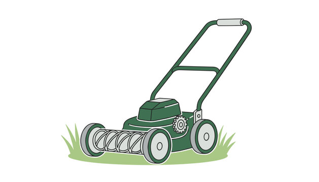 Vintage green manual reel lawn mower cutting grass on a small patch of lawn represented in a simple vector graphic.