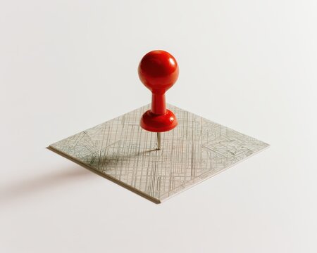 Red push pin stuck into a detailed city map square isolated on white background
