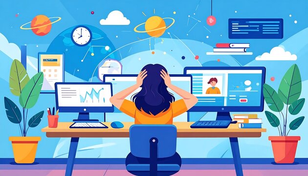 Business professional working with multiple devices and technology.