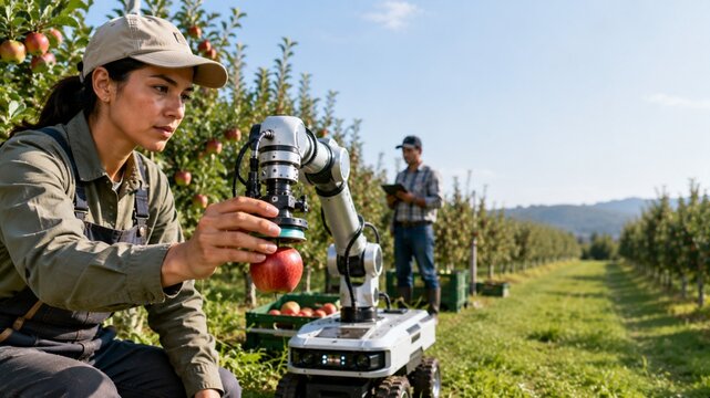 Farmer inspecting a robotic harvesting assistant among fruit trees