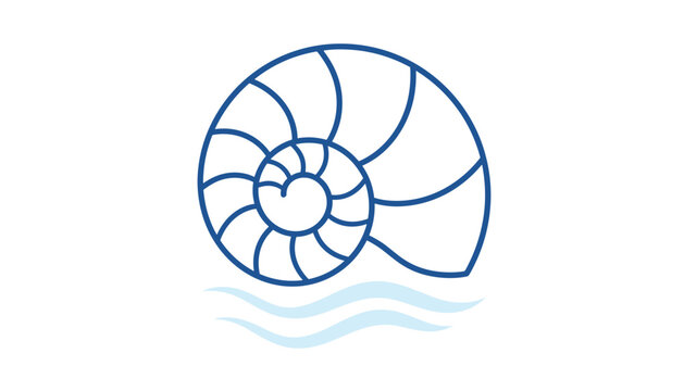 Nautilus seashell outline resting on gentle blue water waves representing marine life and ocean environment.