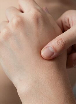Depicts Close Of Individuals Hand With Focus On Palm Area Skin Smooth Signs Aging As Fine Lines Wrinkles Pronounced Around Knuckles