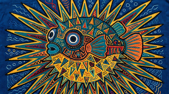 Guna mola pufferfish, layered fabric ocean folk art