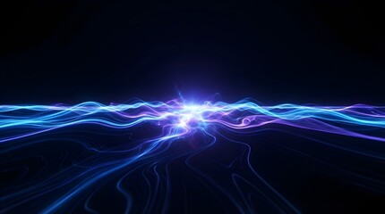 Fototapeta premium Abstract digital background with glowing blue and purple light waves flowing across a dark space, representing energy, technology, and futuristic data streams in a dynamic, ethereal composition