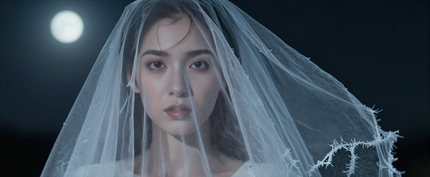 Young Woman As Main Subject Positioned Centrally In Frame Against Dark Backdrop Illuminated By To Moonlight Artificial Light From Head