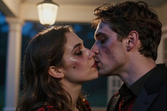 Captures Close Moment Two Individuals Engaged In Intimate Kiss Person On Left To Dark Wavy Hair With Strands Falling Loosely Around