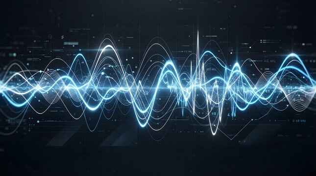 Abstract digital sound wave background with glowing blue light lines and data visualization elements representing audio frequency, technology, and signal processing concepts