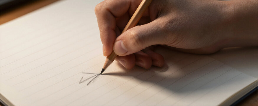 Captures Close View Of Persons Hand Holding Wooden Pencil With Eraser On Top Poised Lined Notebook Page As In Process Drawing Writing