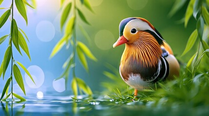 Naklejka premium Colorful Mandarin duck standing near green foliage and blue water background with bokeh lights in nature scene