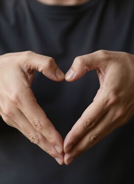 Close Of Two Hands Forming Heart Shape Against Dark Backdrop Blurred Due To Shallow Depth Field Emphasizing Subject In Focus Skin Tone