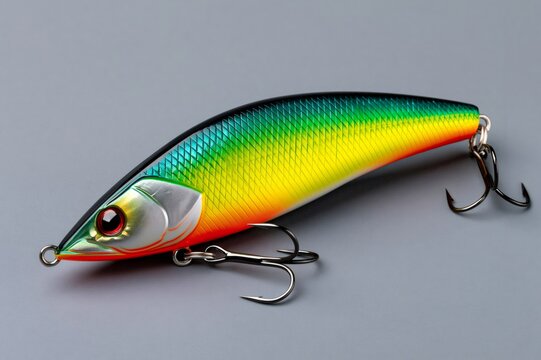 Fishing lure minnow wobbler with colorful surface and hooks