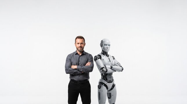 Man and humanoid robot standing side by side with arms crossed in a studio setting