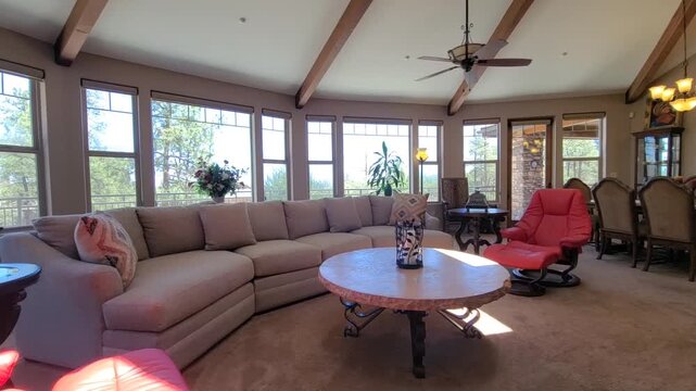 Cozy sunlit living room in a warm open-plan home