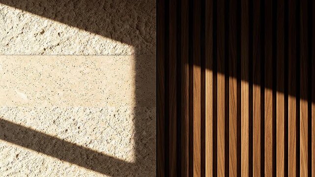 Cinematic Architectural Detail with Dramatic Shadows on Textured Concrete and Wooden Slats