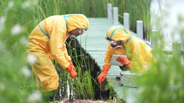 Hazmat scientist in protective suit and glove on wetland boardwalk collecting water sample for research on contamination, wearing respirator, documenting pollution fieldwork near marsh walkway
