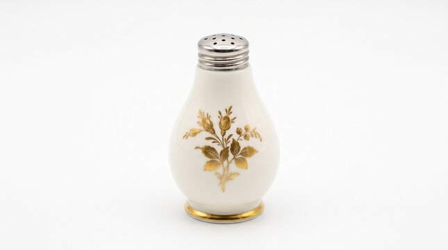 Vintage porcelain salt shaker with gold floral pattern, antique ceramic spice dispenser, elegant white kitchenware accessory isolated PNG with Transparent Background