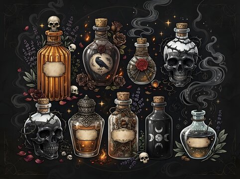 Set of magical potion bottles with skulls and dark alchemy symbols on black background