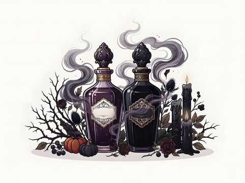 Two vintage potion bottles with smoke and dark plants for gothic magic theme design