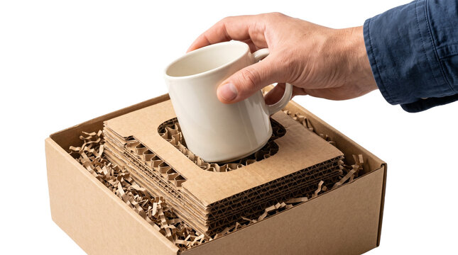 Eco-friendly cardboard packaging for ceramic mug. Sustainable shipping box with recycled paper filler. Person unboxing white coffee cup. isolated PNG with Transparent Background