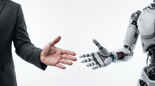 Human Hand Reaching Out to Robot Hand for Partnership and Future Technology Collaboration