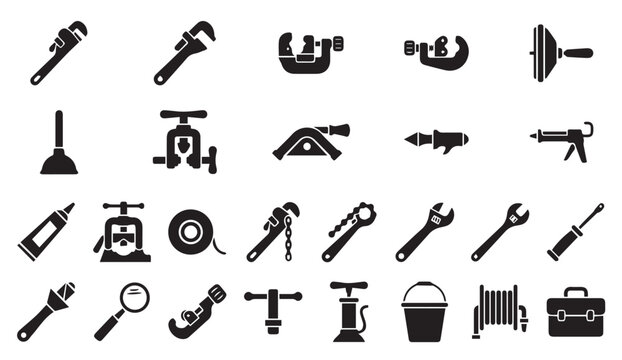 Set of plumbing tools and repair equipment icons in black silhouette design