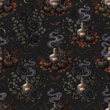 Seamless pattern with magic potion bottles and smoke on a dark background