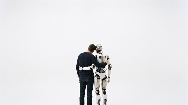 Human embraces robot in a tender moment of connection and future technology