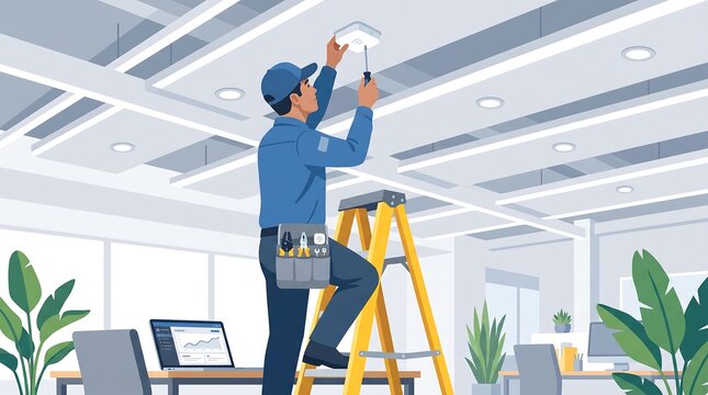 Electrician Installing Modern LED Lighting in Contemporary Office Space for Energy Efficiency