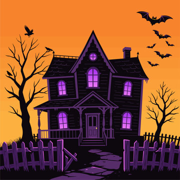 Spooky haunted house vector illustration on orange Halloween background